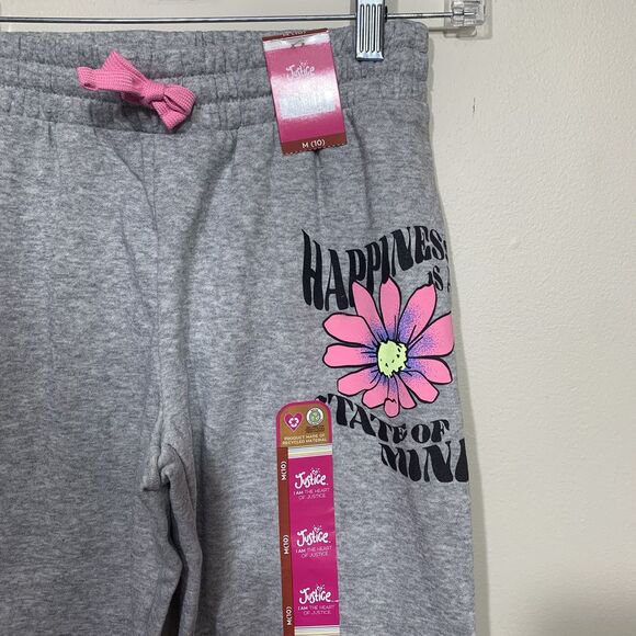 Justice Girls Joggers Sweatpants Size M (10) Gray “Happiness “ Flower Graphic NW - Picture 2 of 5